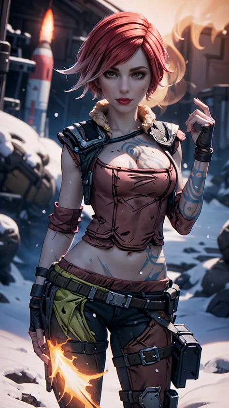 lilith from "borderlands", a beautiful woman with side-shaved light pink hair, asymmetric bob hairstyle, snow white skin, glowin...