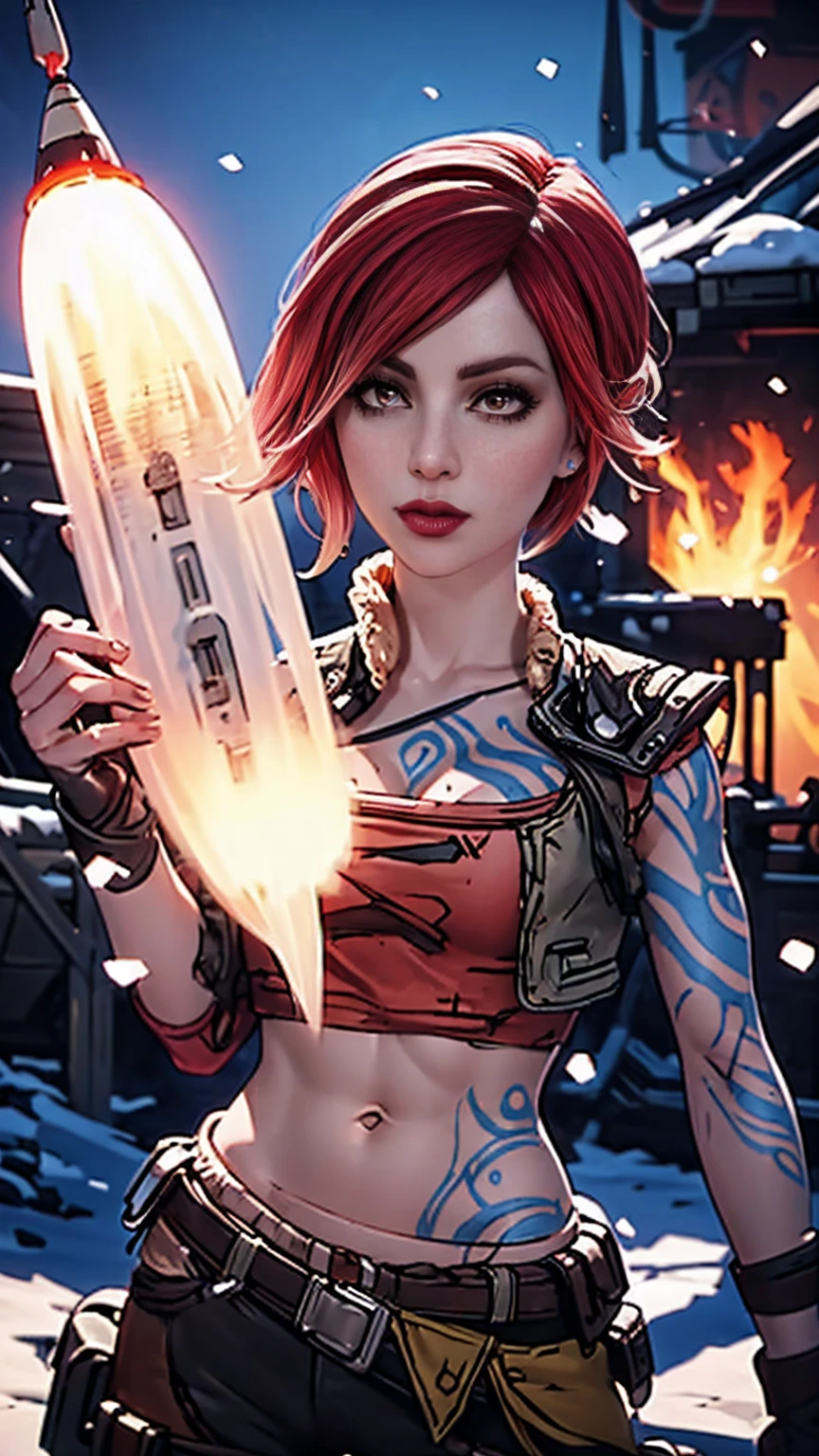 Lilith from "Borderlands", A beautiful woman with side-shaved light pink hair, asymmetric bob hairstyle, snow white skin, glowing mystical body art, holding a heavy rocket launcher, (wearing medieval-style clothes), hyperrealistic, cinematic lighting, fantasy, detailed facial features, dynamic pose, dramatic atmosphere, vibrant colors, digital art, ragnarokthief