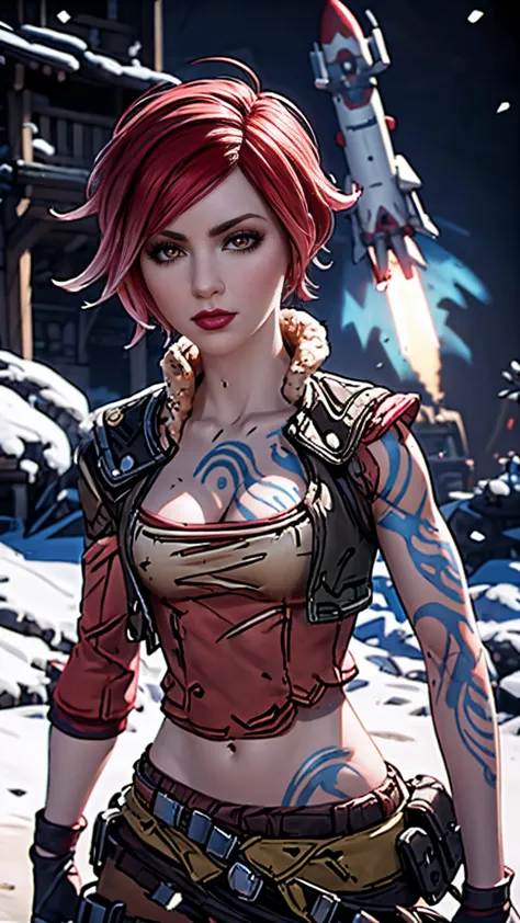 lilith from "borderlands", a beautiful woman with side-shaved light pink hair, asymmetric bob hairstyle, snow white skin, glowin...