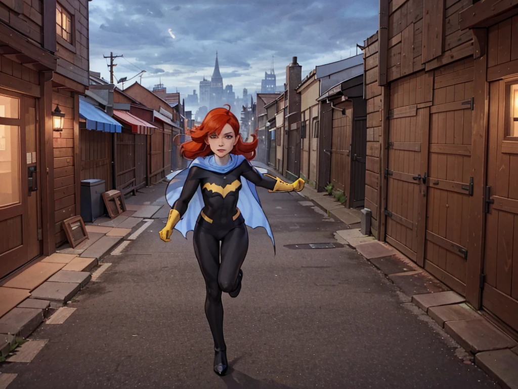 1girl, Barbara, red hair, blue eyes, bodysuit, blue cape, gloves, boots, anxious, outside, quickly running through an alleyway, cityscape, windy, daytime, cloudy sky, extreme detail, hdr, beautiful quality, dynamic pose