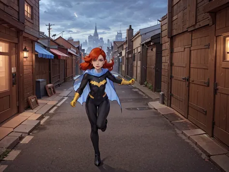 1girl, barbara, red hair, blue eyes, bodysuit, blue cape, gloves, boots, anxious, outside, quickly running through an alleyway, ...