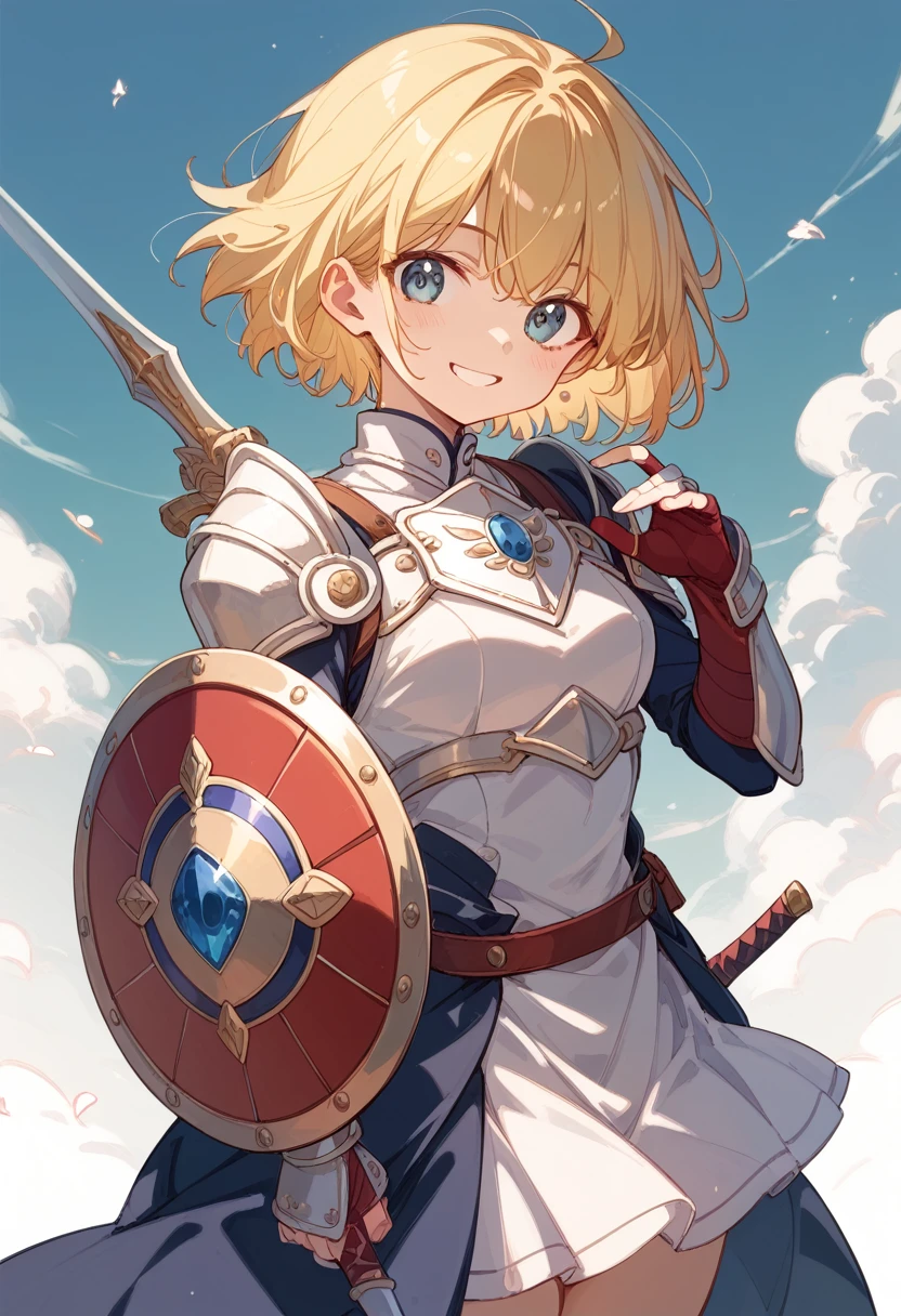 Very Short Hair、blonde、woman、Adventurer、Long sword、Round Shield、Character Introduction、Character portrait、Light Armor、Fearless smile