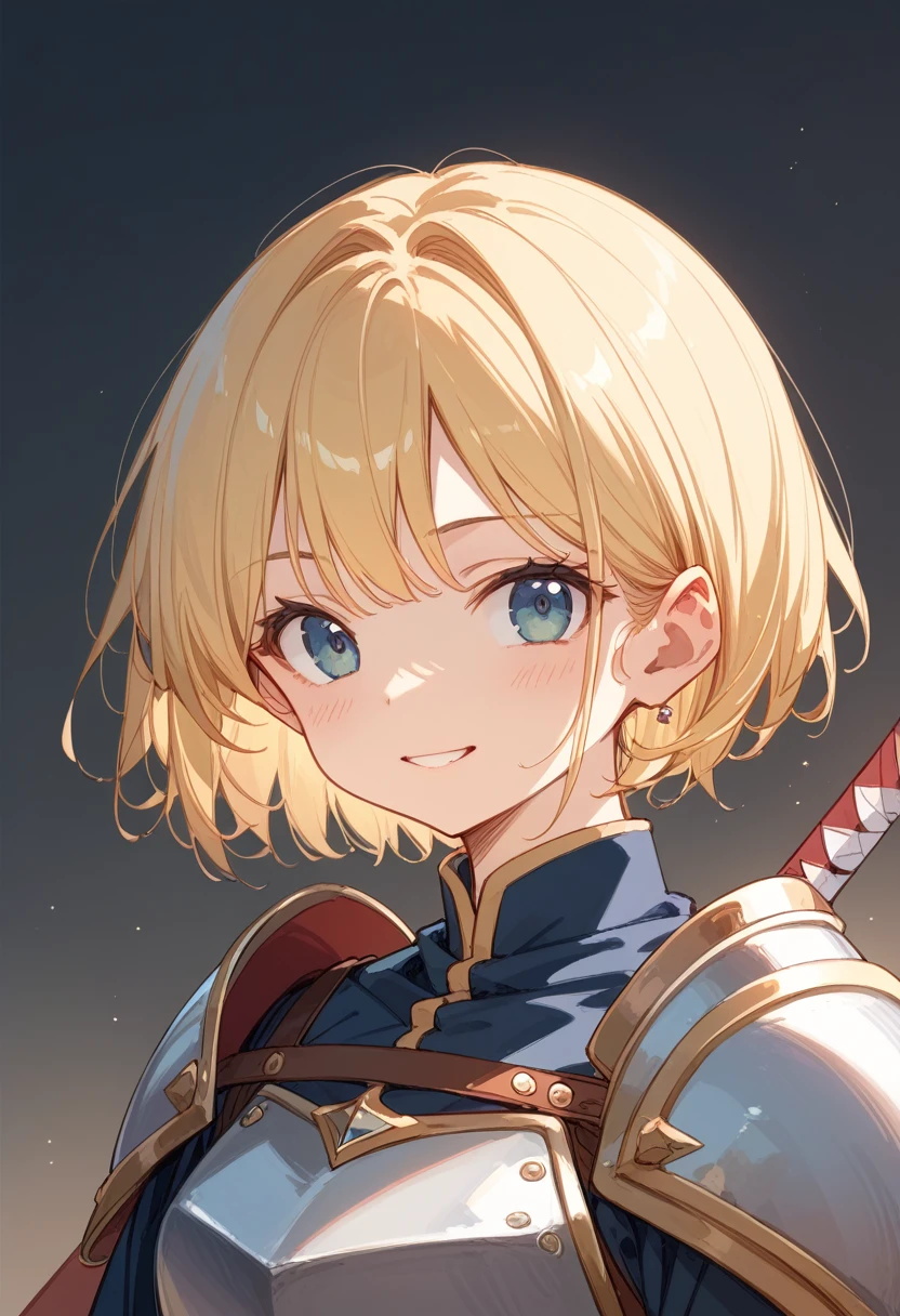 Short-cropped hair、blonde、woman、Adventurer、Long sword、Round Shield、Character Introduction、Character portrait、Light Armor、Fearless smile