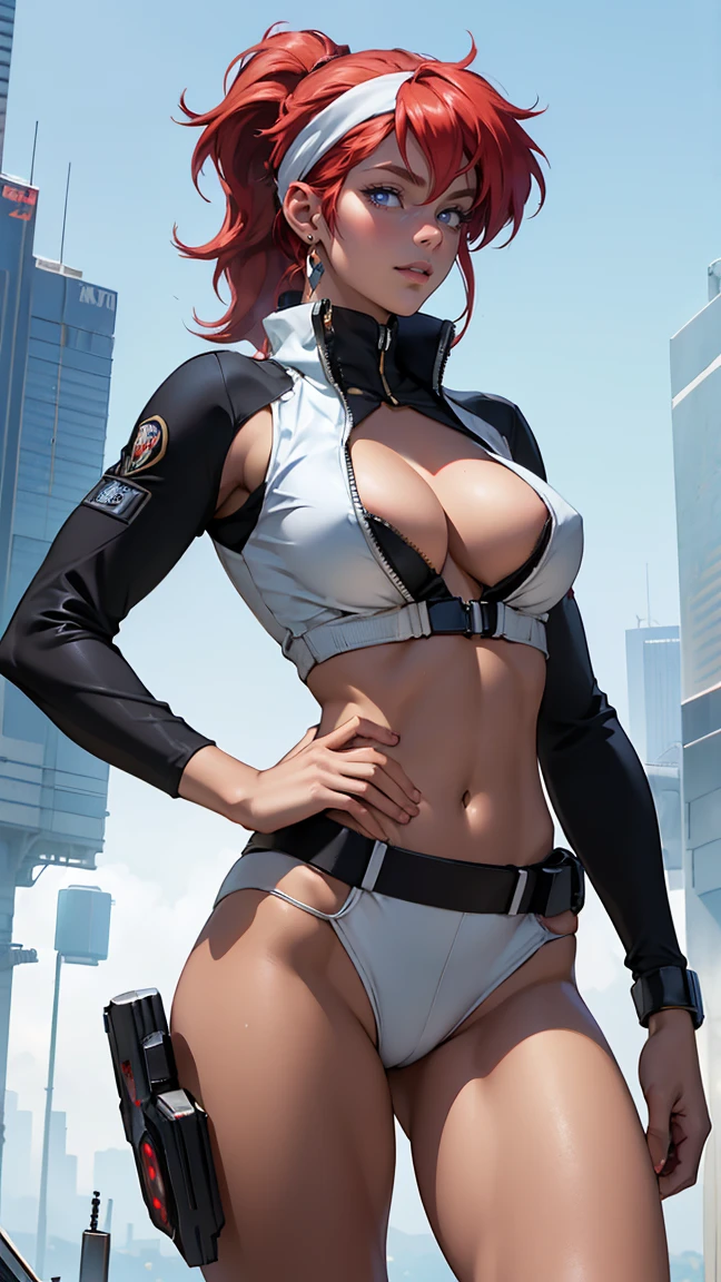 ((Masterpiece, highest quality; 1.3)), super quality, beautiful detail, super detailed, extra fine, 16K, exquisite, absurd, high resolution, beautiful background, detailed background, beautiful eyes, beautiful skin, anime style, Kay from Dirty Pair in a white outfit, tight outfit, cleavage, bushy redhead beauty, very light blue uniform, wearing tight clothes, skimpy, (mid chest: 1.2), cleavage, cleavage, slim waist , thin waist, slim thighs, thin legs, slim legs. thigh gap, showing stomach, skinny, thin hips, cyberpunk city background, holding retro space gun , headband, 