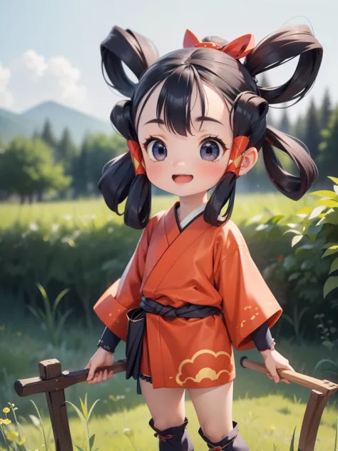 最high quality、high quality、One very small girl，Very short stature，，Very short stature，smile，Moonlight meadow、moonlight、Short lovely cute kimono，cute loincloth，Bruises and gestures，