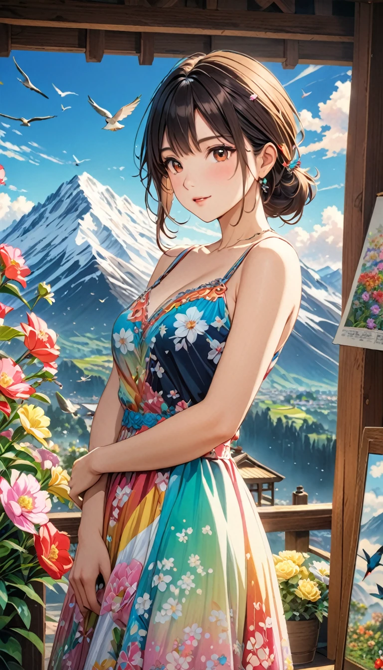  young woman, Beautiful woman in a colorful dress, Brownish black hair, (Gusong, bird, Mountain, cloud,Flowers), Highest quality, Masterpiece, ８K, High resolution,  Detailed anime art, art，advertisement，Colored pencil drawing，draft 