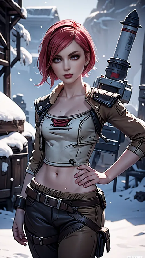 lilith from "borderlands", a beautiful woman with side-shaved light pink hair, asymmetric bob hairstyle, snow white skin, glowin...