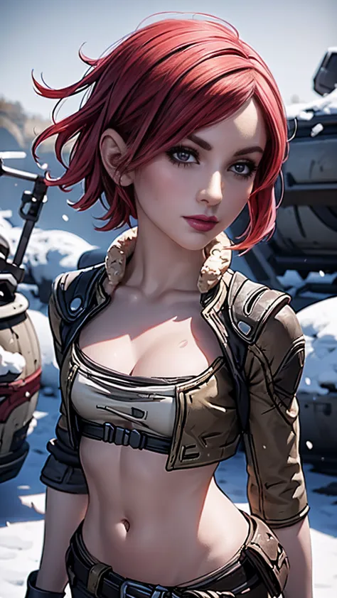 lilith from "borderlands", a beautiful woman with side-shaved light pink hair, asymmetric bob hairstyle, snow white skin, glowin...