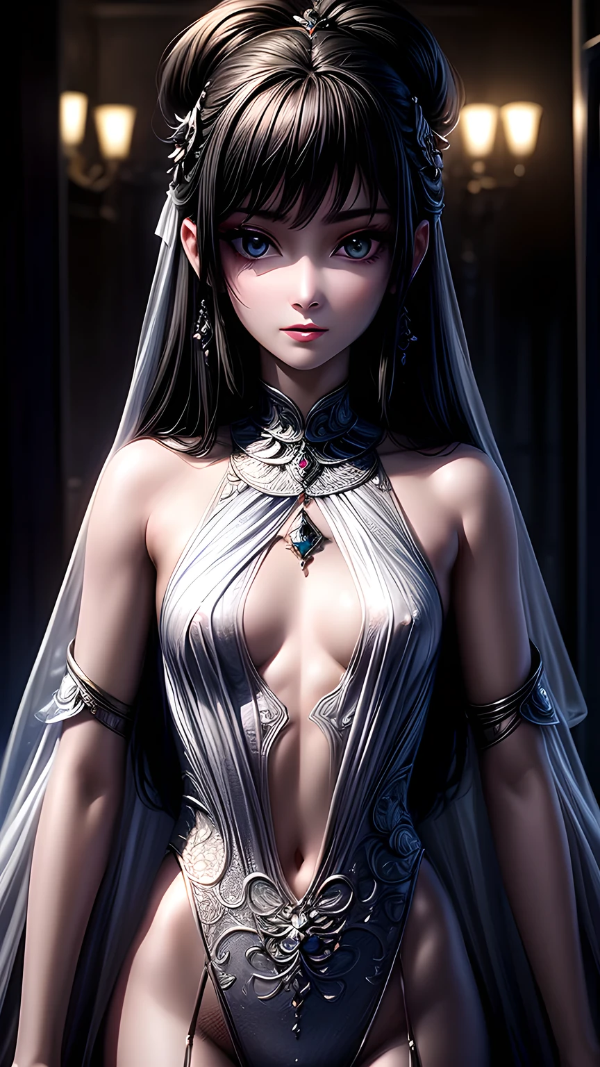 best quality, masterpiece, Small chest, (Small Breasts), Delicate skin texture, Detailed fabric texture, Delicate face, Super Detail, 8k, Intricate details, 1 Girl, 30 years old, High contrast, High resolution eyes, Black hair goddess，Royal sister，Wearing a suit，Sexy body。