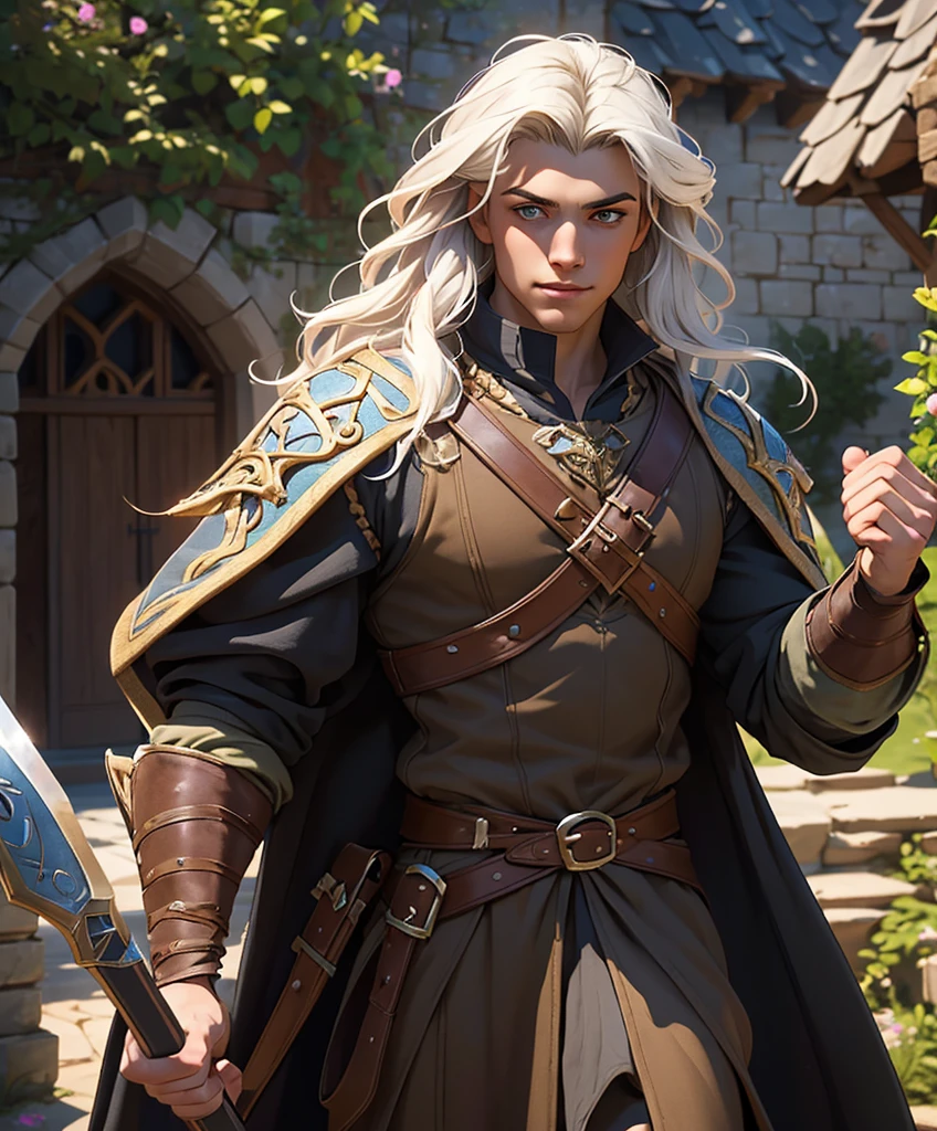 score_9, score_8_up, score_7_up, score_6_up, (((Solo focus.)))  (((Single character image.))) (((Dressed in traditional medieval fantasy attire for a dark fantasy game.)))  (((Sexy human male.))) (((Appears to be 20 years old with youthful looks and long white hair.)))  (((Dressed in medieval fantasy attire.))) (((Handsome and young.)))  (((Swashbuckler fashion.)))  (((Dressed in medieval fantasy attire.)))  (((Ideal male physique.)))   Looks like a fun-loving and heroic male adventurer for Dungeons & Dragons. Looks like a very attractive male adventurer for a high fantasy setting.  Looks like a handsome male for a medieval fantasy setting. Looks like a Dungeons & Dragons adventurer, very cool and masculine hair style, black clothing, handsome, charming smile, adventurer, athletic build, excellent physique, confident, gorgeous face, gorgeous body,  detailed and intricate, fantasy setting,fantasy art, dungeons & dragons, fantasy adventurer, fantasy NPC, attractive male in his mid 20's, ultra detailed, epic masterpiece, ultra detailed, intricate details, digital art, unreal engine, 8k, ultra HD, centered image award winning, fantasy art concept, digital art, centered image, flirty, best quality:1.0,hyperealistic:1.0,photorealistic:1.0,madly detailed CG unity 8k wallpaper:1.0,masterpiece:1.3,madly detailed photo:1.2, hyper-realistic lifelike texture:1.4, picture-perfect:1.0,8k, HQ,best quality:1.0,
