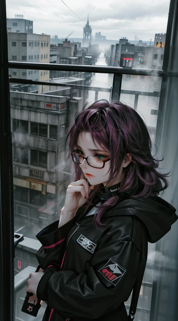 (8k, Movie, 16mm wide-angle lens, Aperture 8, Multi-angle shooting, Rich in details, bird's eye view), (dark clouds), (cyberpunk balcony), (outdoor), (rainy weather), (realistic illustration), (cinematic), (looking out the window), (35mm color lomography), 1girl, alone, young, androgynous, purple hair, purple long hair, (very messy hair), extremely messy hair, curly hair, wavy hair, spiked hair, temperamental hair, Blue eyes, yeux bleu clair, wearing square glasses, black square glasses, Square Glasses, purple hair, long hair, Longhaire, casual, Orange Hoodie, orange colored hooded vest, she wears a very orange hooded vest, Jaded, annoyed, neutral expression, tired expression, half opened eyes, sleepy, pitiful expression, brutalism architecture, bland colors, very low saturation, cloudy day, black clouds, bad weather, leaning on a balcony, inclined on veranda overlooking on the city, Terrace at daytime, city in the background, oil painted background, green touches of color, fog, looking at the city, looking at the distance, looking at the sky, facing the city, 3/4 view, Pensive, thinking, wiki, Works by Carne Griffiths and Wadim Kashin, work by Roger Haus, work by Xhxix, Work by Toshiya, work by nyaonoekaki, ferry nopanamaman artstyle
