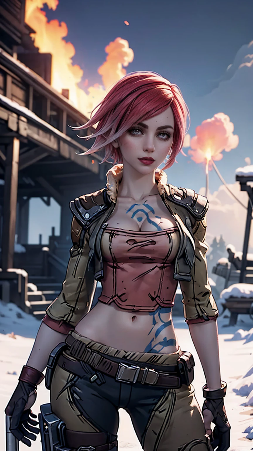 Lilith from "Borderlands", A beautiful woman with side-shaved light pink hair, asymmetric bob hairstyle, snow white skin, ((glowing mystical body art)), holding a heavy RPG launcher, (wearing medieval-style clothes), hyperrealistic, cinematic lighting, fantasy, detailed facial features, dynamic pose, dramatic atmosphere, vibrant colors, digital art, ragnarokthief