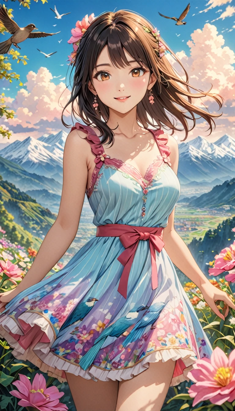  young woman, Beautiful woman in a colorful dress, Look at me and smile, Brownish black hair, (Gusong, bird, Mountain, cloud,Flowers), Highest quality, Masterpiece, ８K, High resolution,  Detailed anime art, art，advertisement，Colored pencil drawing，draft 