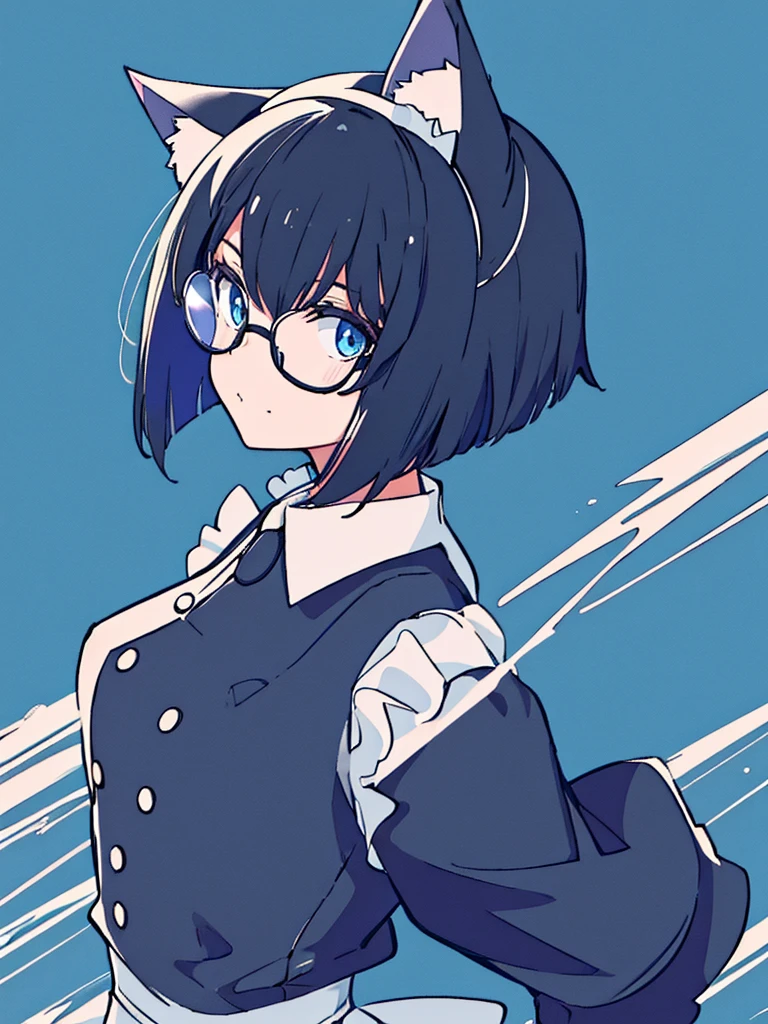 One girl, cat ear, monochrome, upper body, alone, Military Maid, wearing round glasses, bob hair, looking back, high angle, Dynamic feeling, transparency, Anime, blue background,