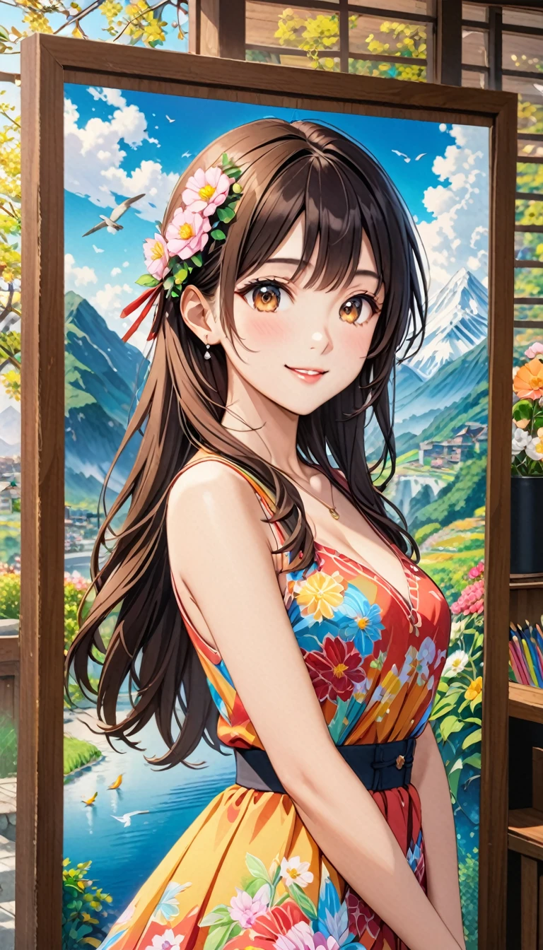  young woman, Beautiful woman in a colorful dress, Look at me and smile, Brownish black hair, (Gusong, bird, Mountain, cloud,Flowers), Highest quality, Masterpiece, ８K, High resolution,  Detailed anime art, art，advertisement，Colored pencil drawing，draft 