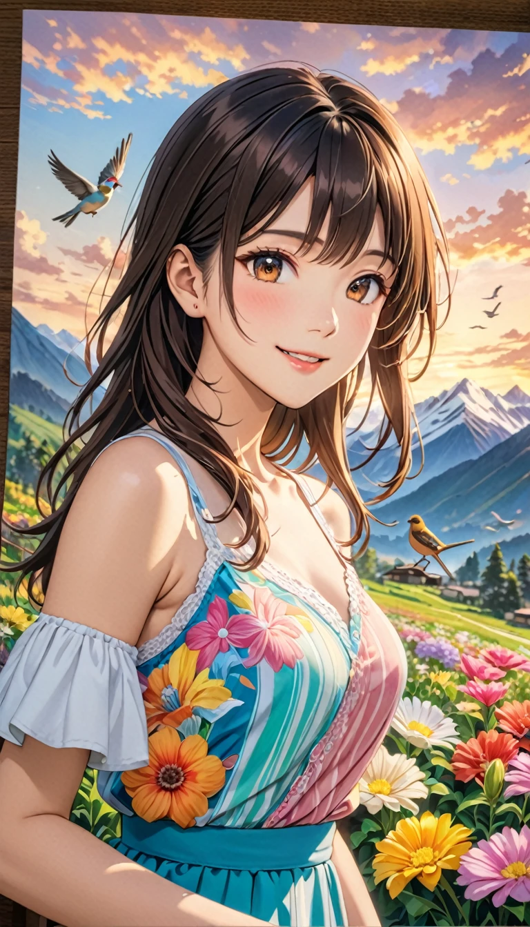  young woman, Beautiful woman in a colorful dress, Look at me and smile, Brownish black hair, (Gusong, bird, Mountain, cloud,Flowers), Highest quality, Masterpiece, ８K, High resolution,  Detailed anime art, art，advertisement，Colored pencil drawing，draft 