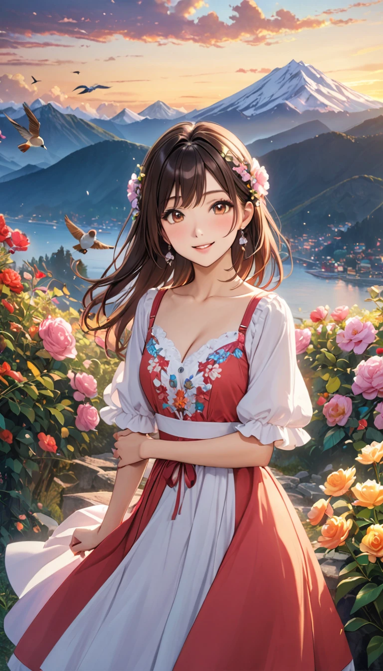  young woman, Beautiful woman in a colorful dress, Look at me and smile, Brownish black hair, (Gusong, bird, Mountain, cloud,Flowers), Highest quality, Masterpiece, ８K, High resolution,  Detailed anime art, art，advertisement，Colored pencil drawing，draft 