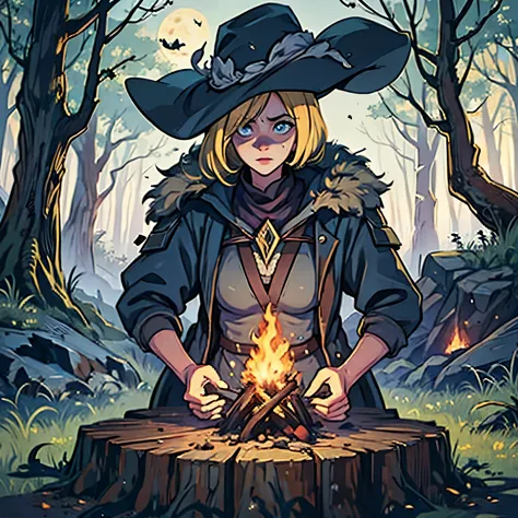 stunning blonde sorceress (level 2) in dark forest, mmo rpg campfire, a beautiful blonde sorceress in a dark gloomy forest, fant...