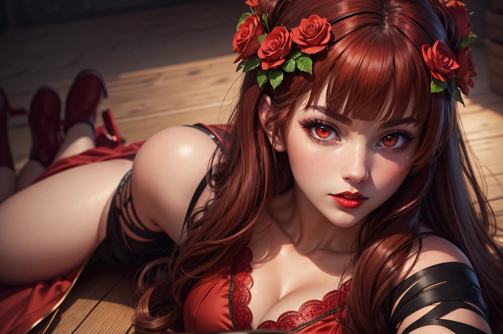 (masterpiece),(best quality:1.0), (ultra highres:1.0), detailed illustration, 8k, anime, 1girl, beautiful anime girl, wearing a red dress, flower crown, pretty face, detailed face, beautiful eyes, detailed eyes, dark red eyes, bright red lips, red lipstick, beautiful stylish hair, highlights in hair, bangs anime style, best quality, vibrant