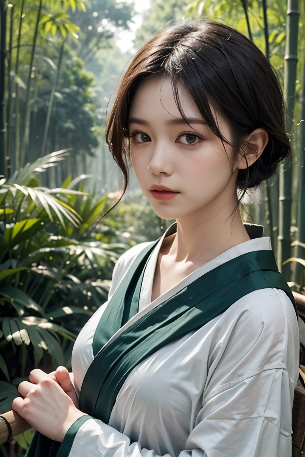 realistic, photogenic, at slightly dark dawn, bamboo forest, wearing deep green colored kimono, exposed nape and shoulder, face is looking up above the sky, beautiful short black hair, hair is blowing in the wind, hair is shaggy and dishevelled, beautiful white translucent skin, slendar figure, no makeup, sad expression, slight tears in her eyes, shot from diagonal far, angle looking down from her above