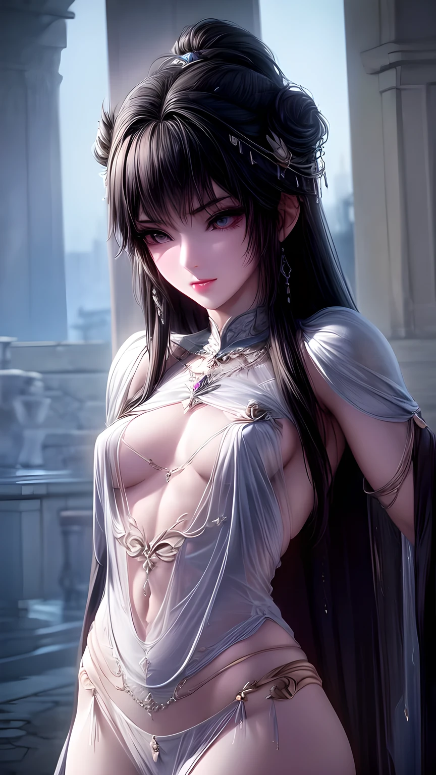 best quality, masterpiece, Small chest, (Small Breasts), Delicate skin texture, Detailed fabric texture, Delicate face, Super Detail, 8k, Intricate details, 1 Girl, 30 years old, High contrast, High resolution eyes, Black hair goddess，Royal sister，Wearing a suit，Sexy body。