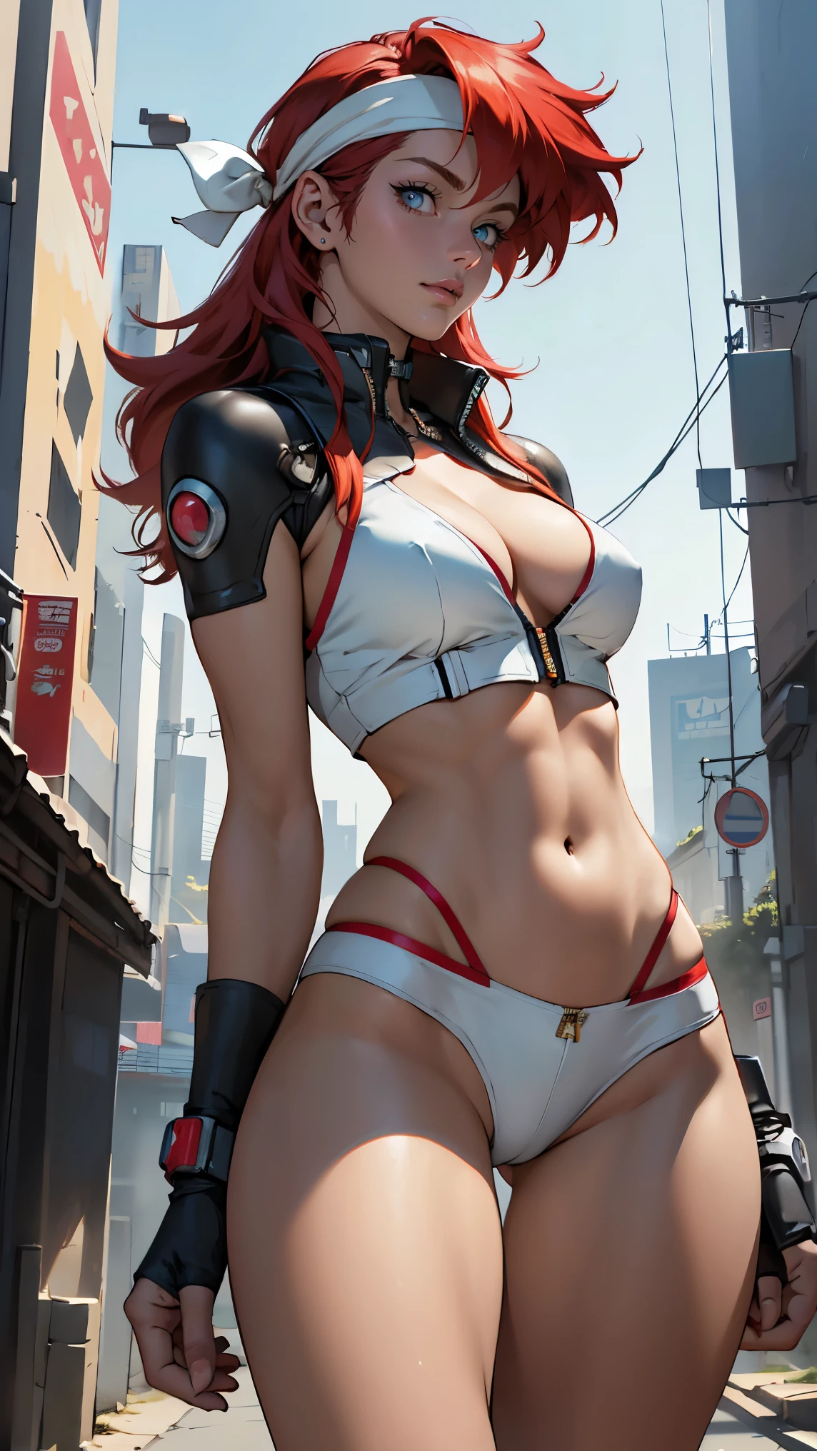 ((Masterpiece, highest quality; 1.3)), super quality, beautiful detail, super detailed, extra fine, 16K, exquisite, absurd, high resolution, beautiful background, detailed background, beautiful eyes, beautiful skin, anime style, Kay from Dirty Pair in a white outfit, tight outfit, cleavage, bushy redhead beauty, very light blue uniform, wearing tight clothes, skimpy, (mid chest: 1.2), cleavage, cleavage, slim waist , thin waist, slim thighs, thin legs, slim legs. thigh gap, showing stomach, skinny, thin hips, cyberpunk city background, holding retro space gun , headband, 