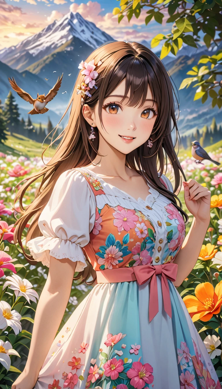  young woman, Beautiful woman in a colorful dress, Look at me and smile, Brownish black hair, (Gusong, bird, Squirrel, Mountain, cloud,Flowers), Highest quality, Masterpiece, ８K, High resolution,  Detailed anime art, art，advertisement，Colored pencil drawing，draft 