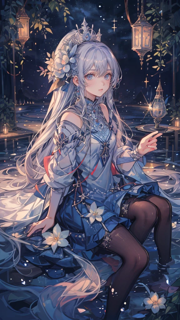 (Mastepiece), (Best Quality), Very detailed, 1 girl, (Solo Shooting:1.5), Perfect Face, beautiful girl, Very detailedな顔，(Blue Princess Dress:1.4)、(Long white hair:1.5)，(blue eyes:1.4)，(Princess:1.4)、(White flower:1.4)、(Blue Butterfly々:1.3)、(Castle:1.3)、moonlight、流れstar、(night、star空、White Moon:1.4)、star々、moonlight、Sparkling