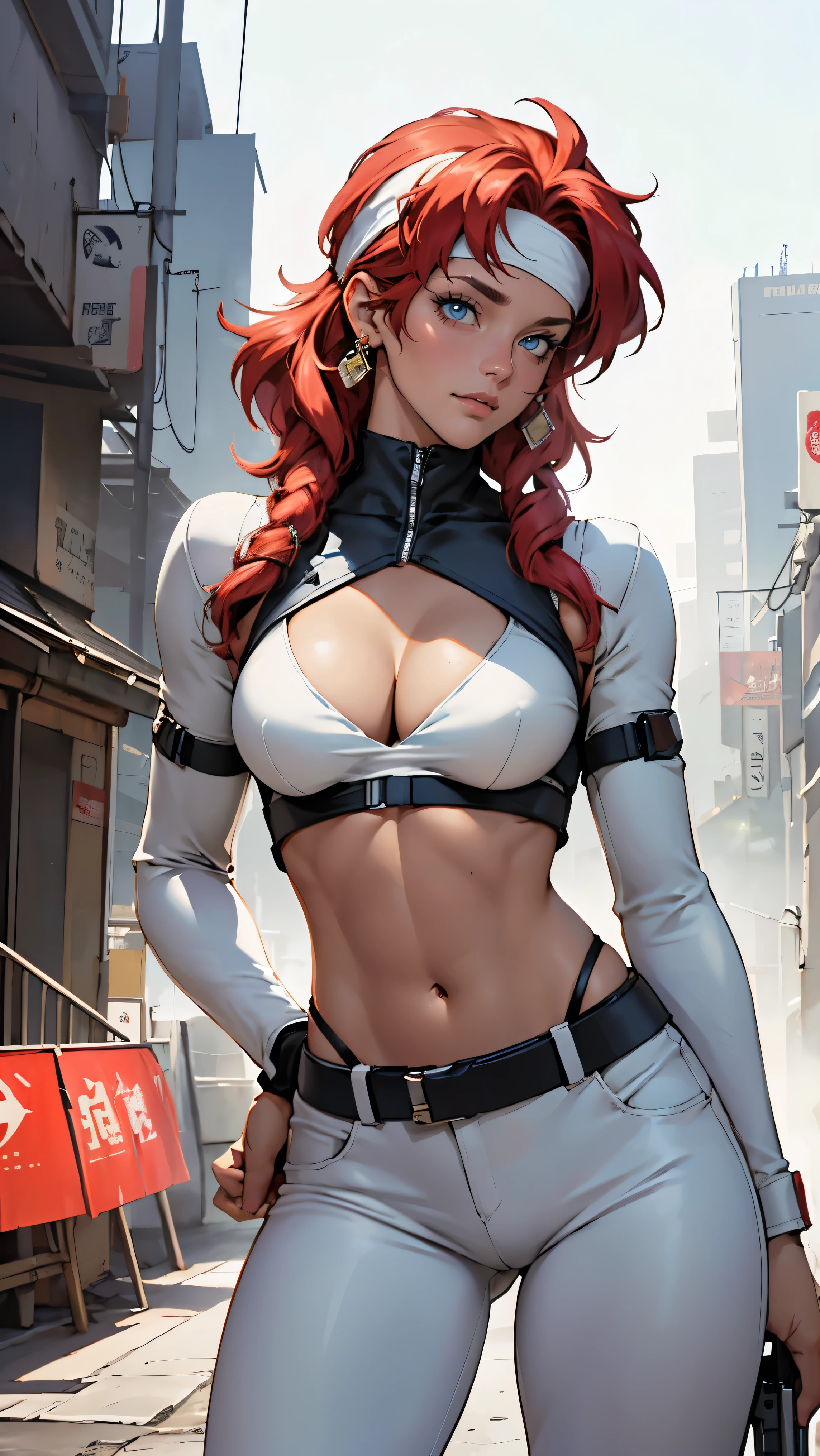 ((Masterpiece, highest quality; 1.3)), super quality, beautiful detail, super detailed, extra fine, 16K, exquisite, absurd, high resolution, beautiful background, detailed background, beautiful eyes, beautiful skin, anime style, Kay from Dirty Pair in a white outfit, tight outfit, cleavage, bushy redhead beauty, very light blue uniform, wearing tight clothes, skimpy, (mid chest: 1.2), cleavage, cleavage, slim waist , thin waist, slim thighs, thin legs, slim legs. thigh gap, showing stomach, skinny, thin hips, cyberpunk city background, holding retro space gun , headband, 