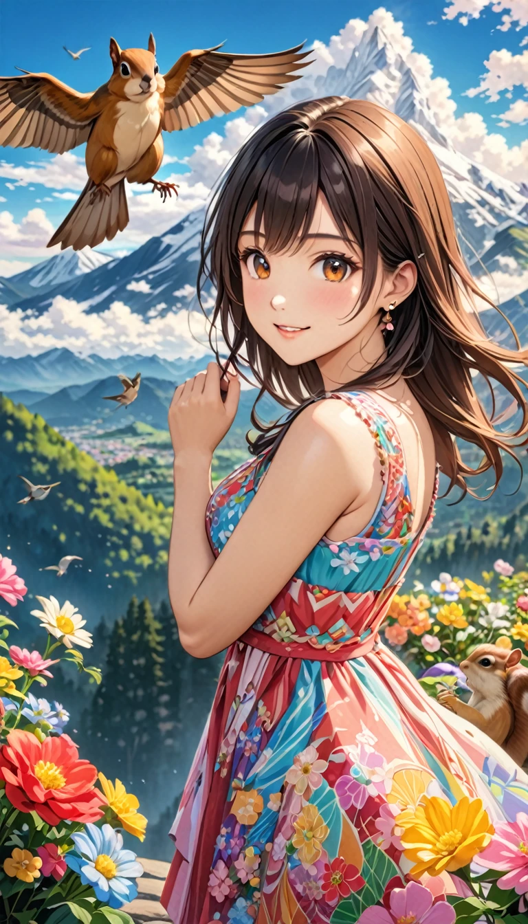  young woman, Beautiful woman in a colorful dress, Look at me and smile, Brownish black hair, (Gusong, bird, Squirrel, Mountain, cloud,Flowers), Absurd, Highest quality, Masterpiece, ８K, High resolution,  Detailed anime art, art，advertisement，Colored pencil drawing，draft 