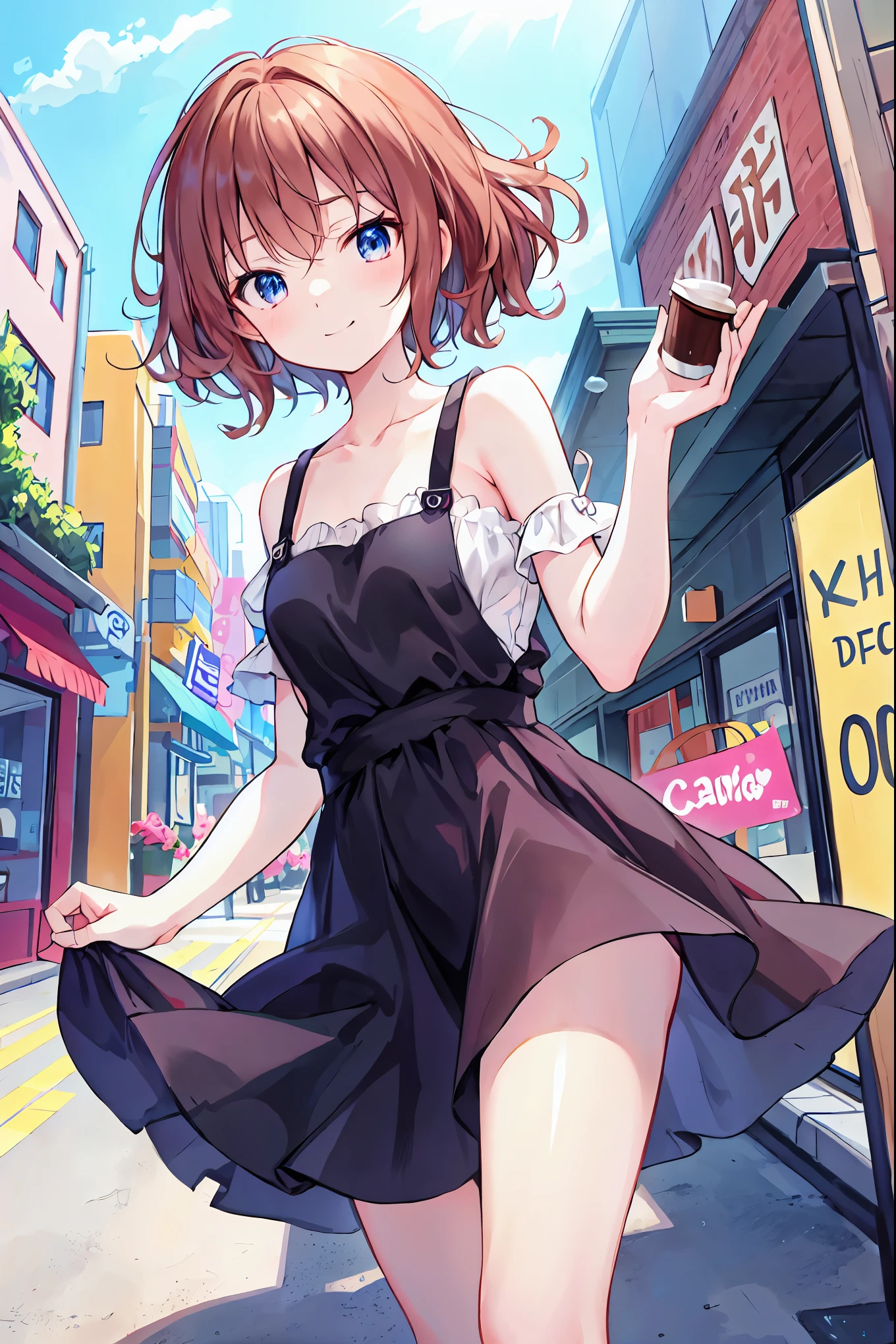 Brown Hair，Shoulder-length hair，Messy Hair，Slender beauty，Correct posture，Mid-chest，Beautiful feet，Very cute，🩷，（Cute older sister:1.3）、Long eyelashes、smile,early summer vibes、noon、Aggressive、hot、((Strong winds))、Red camisole，Her captivating grey-blue eyes shine like stars、Cafe，Anime girl standing in front of a store，Holding a cup of coffee