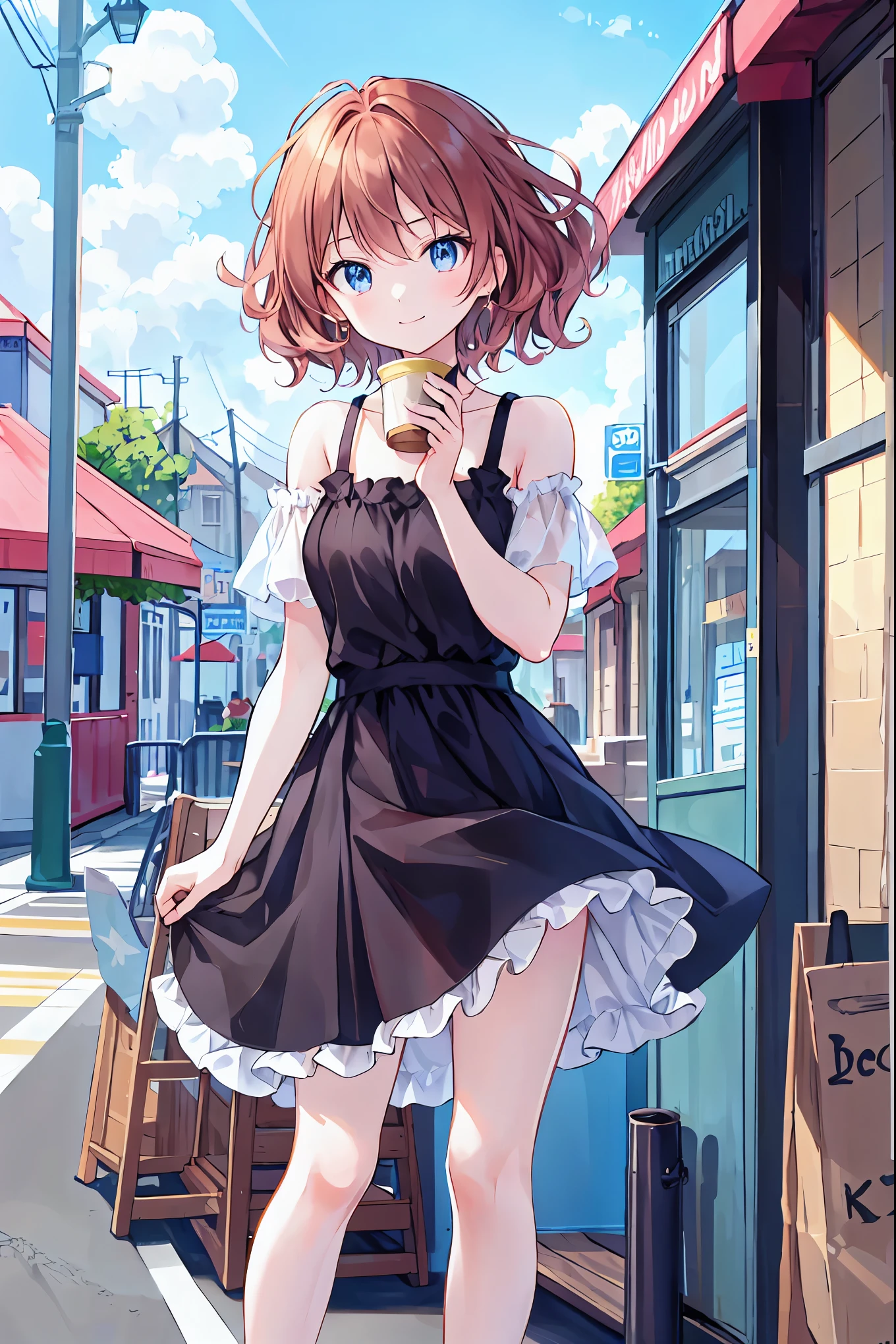 Brown Hair，Shoulder-length hair，Messy Hair，Slender beauty，Correct posture，Mid-chest，Beautiful feet，Very cute，🩷，（Cute older sister:1.3）、Long eyelashes、smile,early summer vibes、noon、Aggressive、hot、((Strong winds))、Red camisole，Her captivating grey-blue eyes shine like stars、Cafe，Anime girl standing in front of a store，Holding a cup of coffee