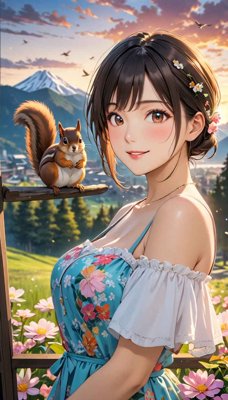  young woman, Beautiful woman in a colorful dress, Look at me and smile, Brownish black hair, (Gusong, bird, Squirrel, Mountain, cloud,Flowers), Ride on shoulders, Absurd, Highest quality, Masterpiece, ８K, High resolution,  Detailed anime art, art，advertisement，Colored pencil drawing，draft 