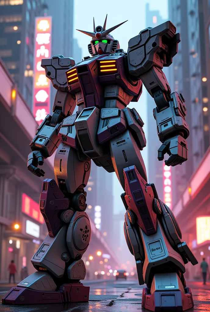 Gundam, Very detailed, Complex mechanical design, Cyberpunk Cityscape, Neon Light, Cinema Lighting, Dynamic action poses, Mechanical Limbs, Glowing Energy Effect, photoRealistic, 8k, (Highest quality, 4K, 8k, High resolution, masterpiece:1.2), Very detailed, (Realistic, photoRealistic, photo-Realistic:1.37), Advanced robotics, Industrial Machinery, Future Technology, Dramatic Shadows, Vibrant colors, Structure of the film