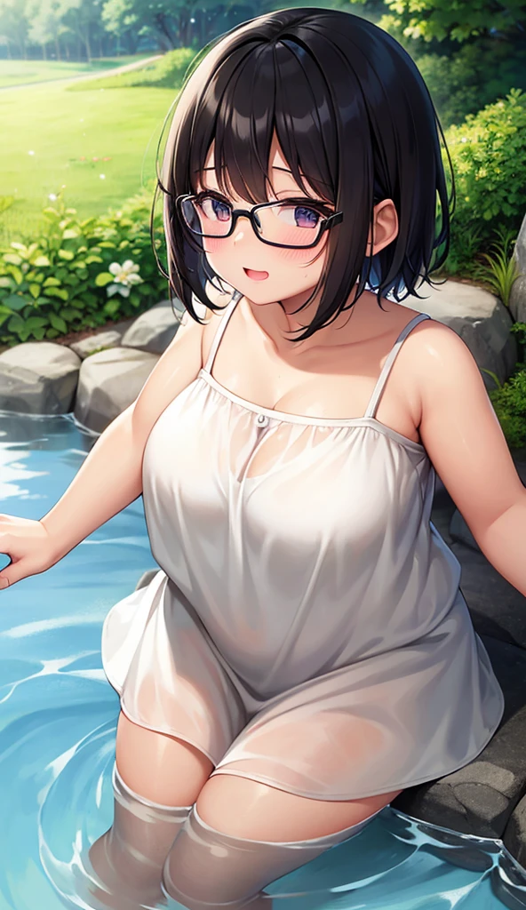 Chubby mature woman wearing glasses、Plain short black hair、Sun-tanned skin、Camping on the riverbank、A short white dress、Playing in the water and getting soaked、High resolution ,Highest quality、solo,Blushing in good spirits,