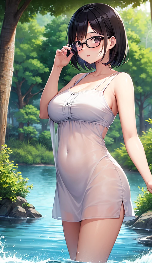 Chubby mature woman wearing glasses、Plain short black hair、Sun-tanned skin、Camping on the riverbank、A short white dress、Playing in the water and getting soaked、High resolution ,Highest quality、solo,Blushing in good spirits,