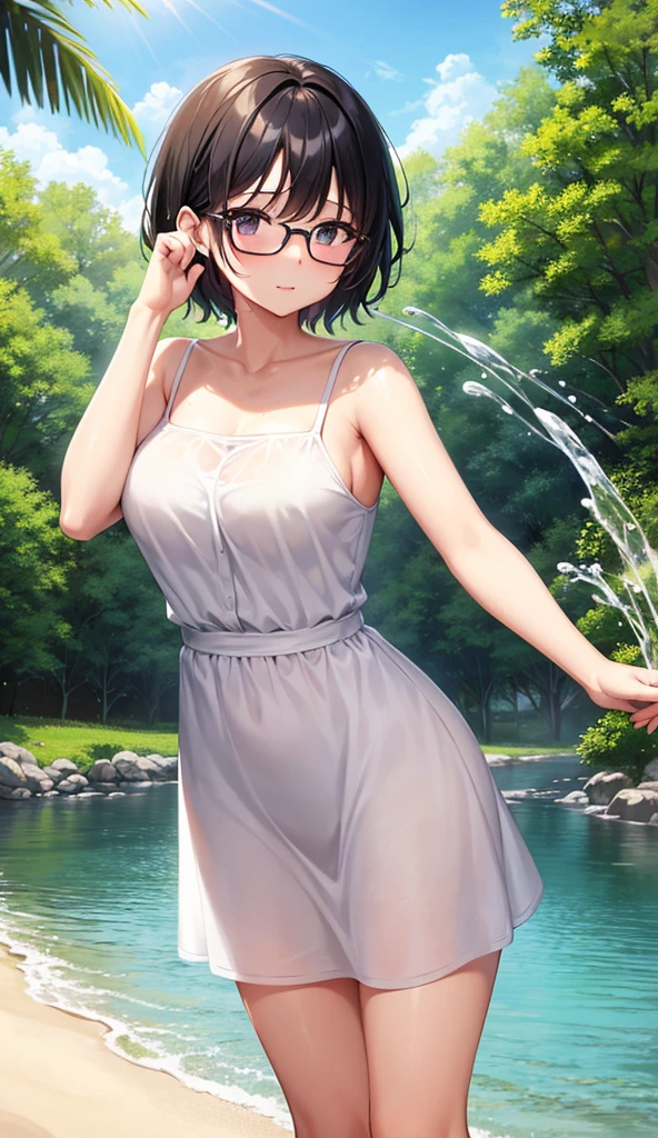 Chubby mature woman wearing glasses、Plain short black hair、Sun-tanned skin、Camping on the riverbank、A short white dress、Playing in the water and getting soaked、High resolution ,Highest quality、solo,Blushing in good spirits,