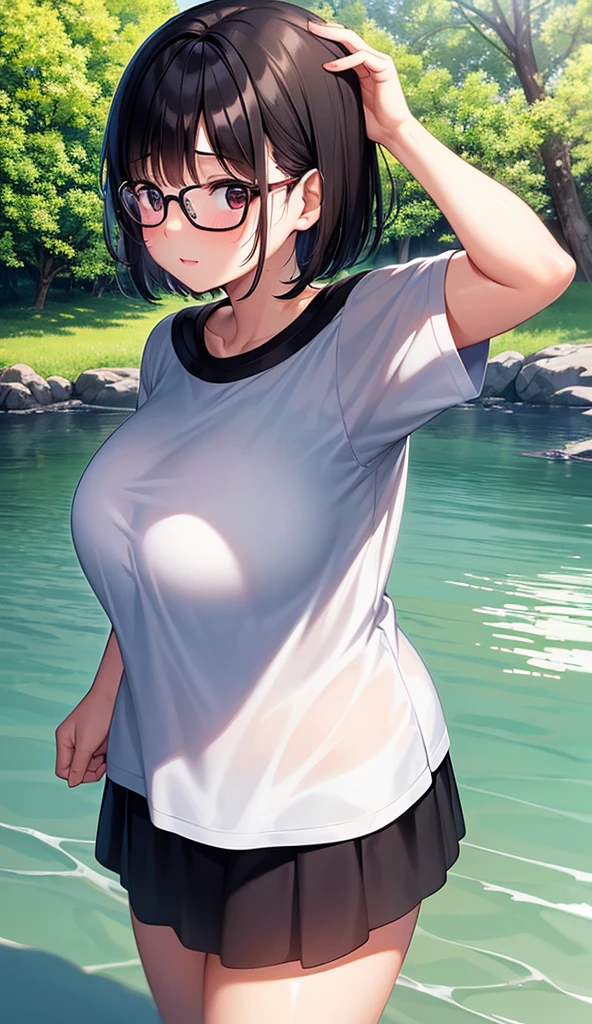 Chubby mature woman wearing glasses、Plain short black hair、Sun-tanned skin、Camping on the riverbank、A short white dress、Playing in the water and getting soaked、High resolution ,Highest quality、solo,Blushing in good spirits,