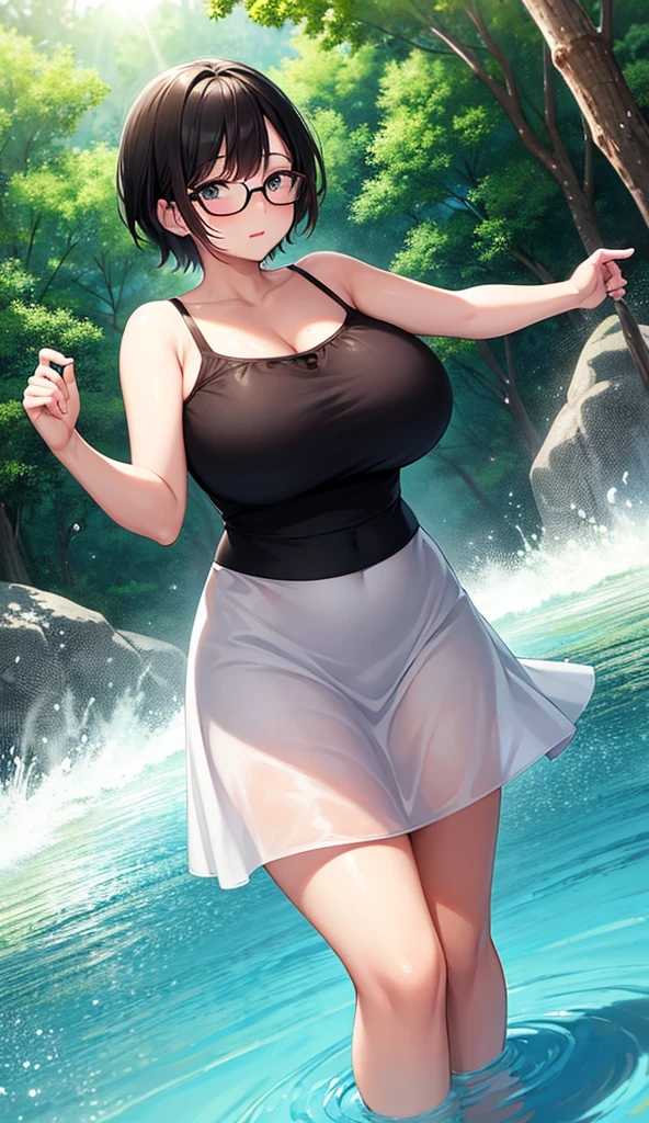 Chubby mature woman wearing glasses、Plain short black hair、Sun-tanned skin、Camping on the riverbank、A short white dress、Playing in the water and getting soaked、High resolution ,Highest quality、solo,Blushing in good spirits,