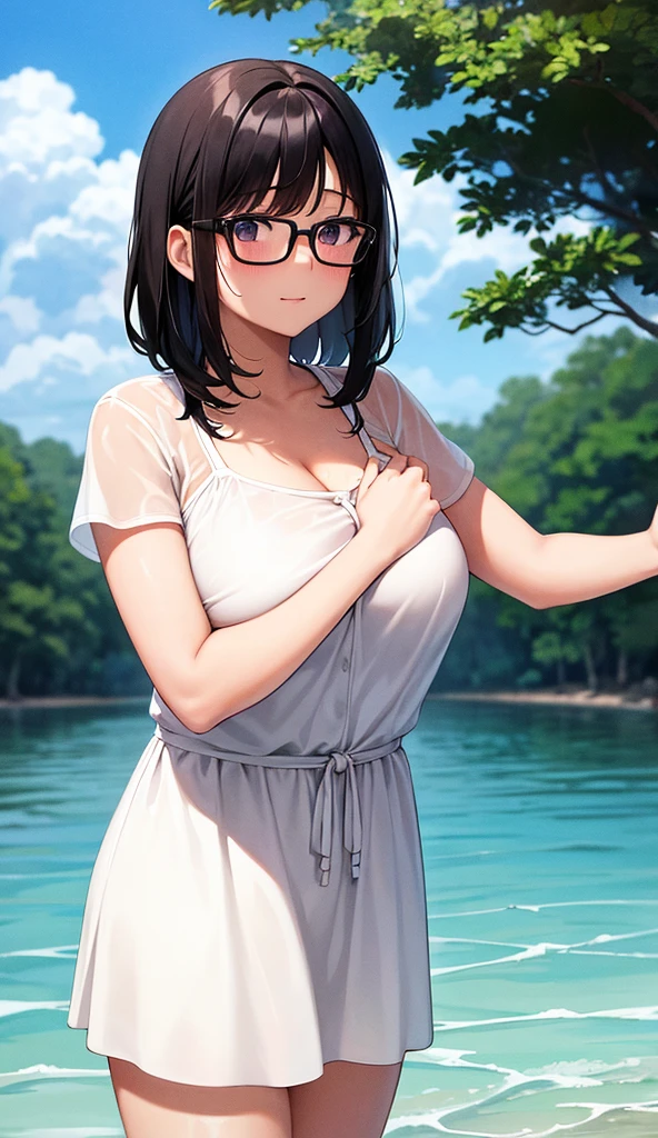 Chubby mature woman wearing glasses、Plain short black hair、Sun-tanned skin、Camping on the riverbank、A short white dress、Playing in the water and getting soaked、High resolution ,Highest quality、solo,Blushing in good spirits,