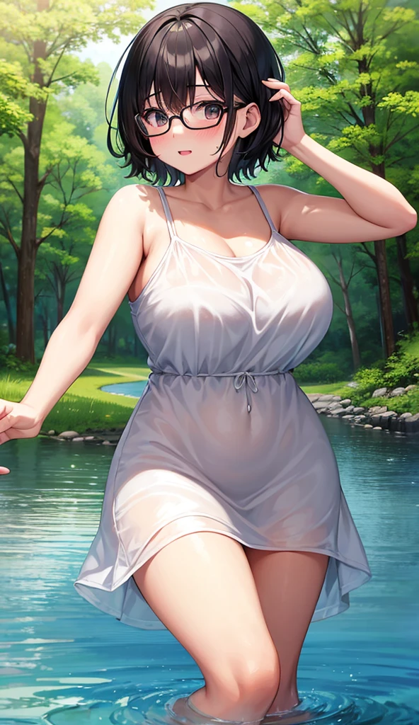 Chubby mature woman wearing glasses、Plain short black hair、Sun-tanned skin、Camping on the riverbank、A short white dress、Playing in the water and getting soaked、High resolution ,Highest quality、solo,Blushing in good spirits,