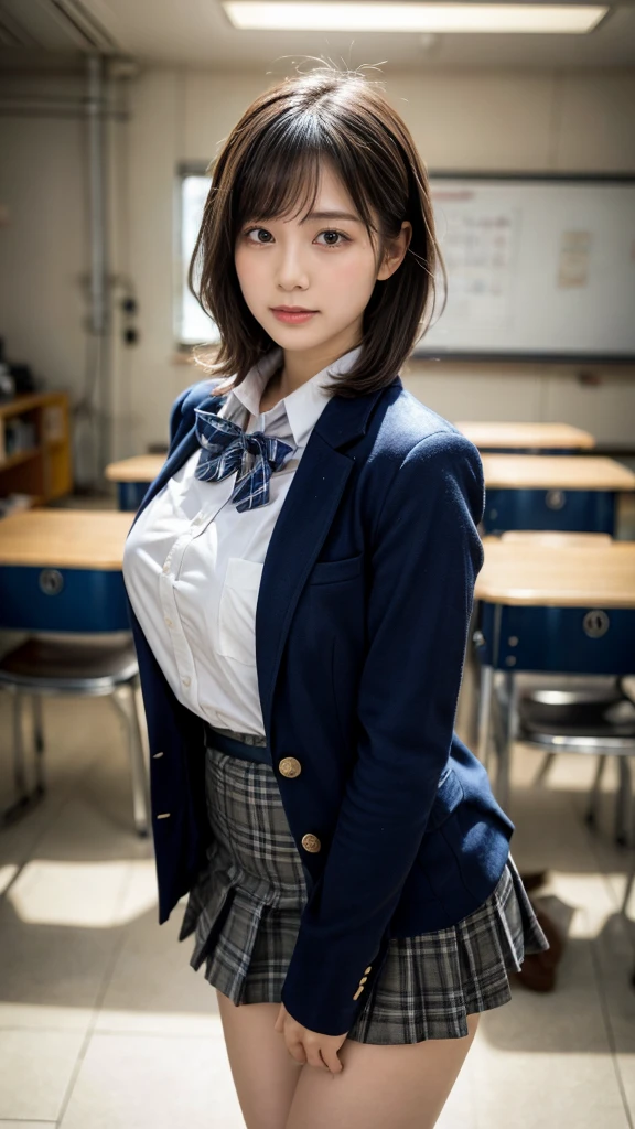 masterpiece, best quality, illustration, Super detailed, fine details, High resolution, 8K,wall paper, perfect dynamic composition,(Details High quality, realistic depiction of eyes:1.3), (wavy hair:1.2), High School Classroom、High school girl uniform、blazer 、Super Short Check Uniform Skirt、Navy blue high socks、garterbelts、Colossal tits、Disturbed uniform, short bob hair, black hair color, large breasts, Big Natural Color Lip, bold sexy pose, (perfect body shape), crying a little、Harajuku style、20 year old girl、cute type, beautiful legs, hposing Gravure Idol, Voluptuous thighs, Accurate anatomy、Ultra-high definition beauty face、Ultra HD Hair、Ultra HD The Shining Eyes、The Shining, Super high quality beautiful skin、Super high quality glossy lip