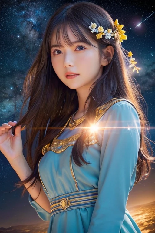 high quality, 最high quality, Tabletop, Detailed portrait of a woman 1 Girl, Long Hair, (floating, space, milky way, colorful), Warm lighting, goddess, milky way, scenery, colorful hair wreath, {{{最high quality}}}, {{Very detailed}}, {shape}, Movie angle, {Detailed light},Cinema Lighting, Celestial, Dynamic pose