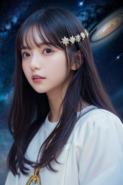 high quality, 最high quality, Tabletop, Detailed portrait of a woman 1 Girl, Long Hair, (floating, space, milky way, colorful), Warm lighting, goddess, milky way, scenery, colorful hair wreath, {{{最high quality}}}, {{Very detailed}}, {shape}, Movie angle, {Detailed light},Cinema Lighting, Celestial, Dynamic pose