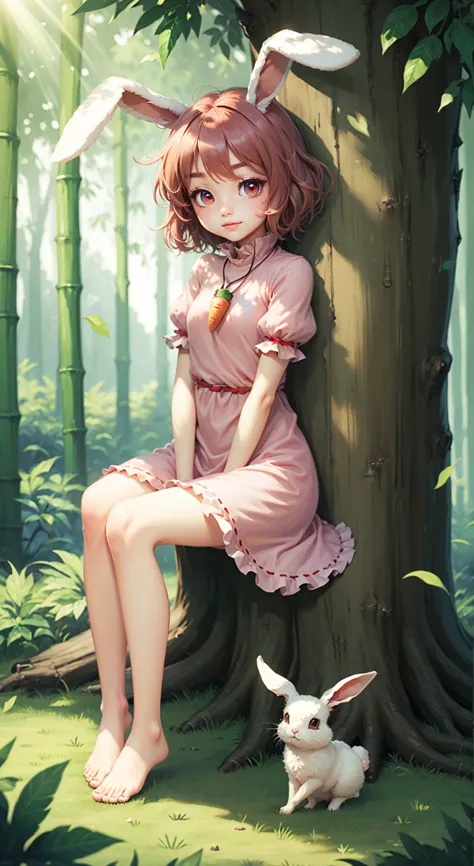 (inaba_tewi:1.2), touhou, red eyes, 1girl, against_tree, animal_ears, arm_support, bamboo, bamboo_forest, bangs, bare_legs, bare...