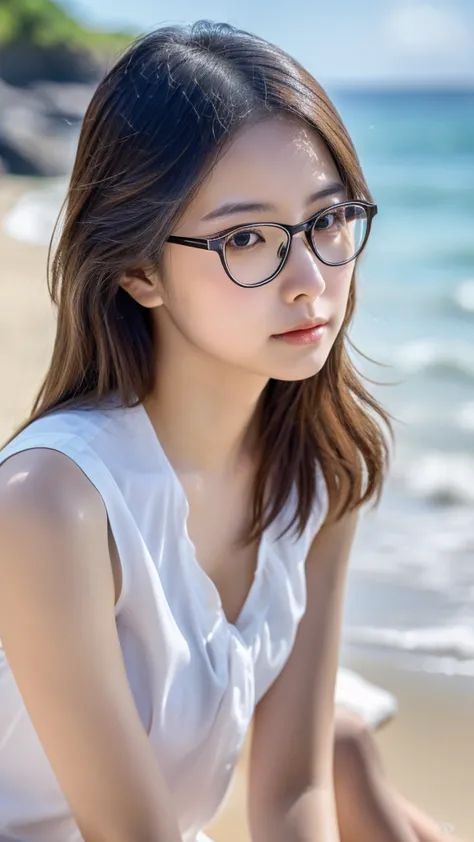 a beautiful taiwanese girl, wearing round glasses, white shirt with black tie, sitting crossed legs on the beach, 1girl, detaile...