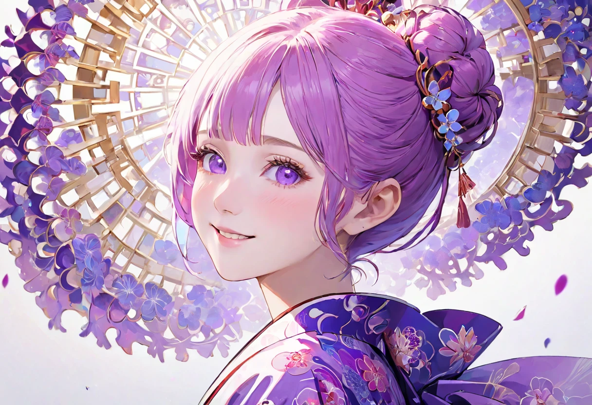 (((White background)))、2、Unity 8k wallpaper、Super detailed、Beautiful and aesthetic、masterpiece、Highest quality、(fractal art:1.3)、One Woman、, violet eyes, Beautiful violet  hair、Japanese、Big pink、Violet kimono、Japanese..., violet hair, violet eyes, hair bun, smile