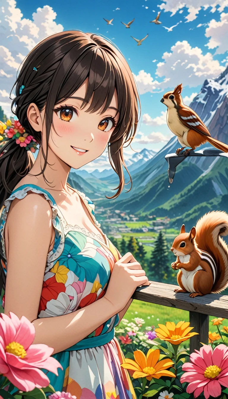  Cute girl in a colorful dress, Look at me and smile, Brownish black hair, (Gusong, bird, Squirrel, Mountain, cloud,Flowers), Absurd, Highest quality, Masterpiece, ８K, High resolution,  Detailed anime art, art，advertisement，Colored pencil drawing，draft 