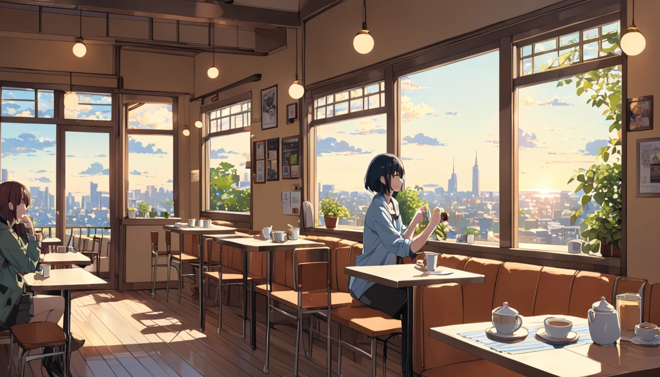 (((Appleside Cafe))), ((anime:1.4,figure)),(masterpiece, Highest quality, Highest quality),(Very detailed, The absolute solution),((16K, High resolution)). break {Lofi Art, Laurie Griesley's style, Makoto Shinkai&#39;s Style, anime aesthetic}