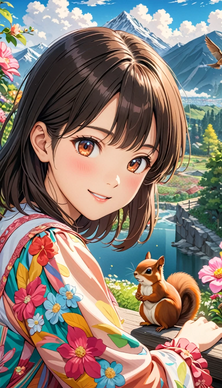  Cute girl in a colorful dress, Look at me and smile, Brownish black hair, (Gusong, bird, Squirrel, Mountain, cloud,Flowers), Absurd, Highest quality, Masterpiece, ８K, High resolution,  Detailed anime art, art，advertisement，Colored pencil drawing，draft 